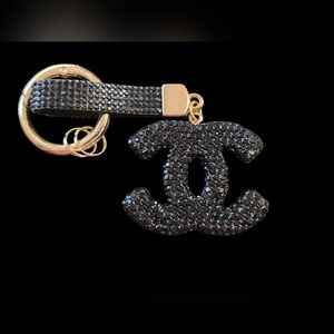 Rhinestone Double C Black and Gold Crystal Keychain